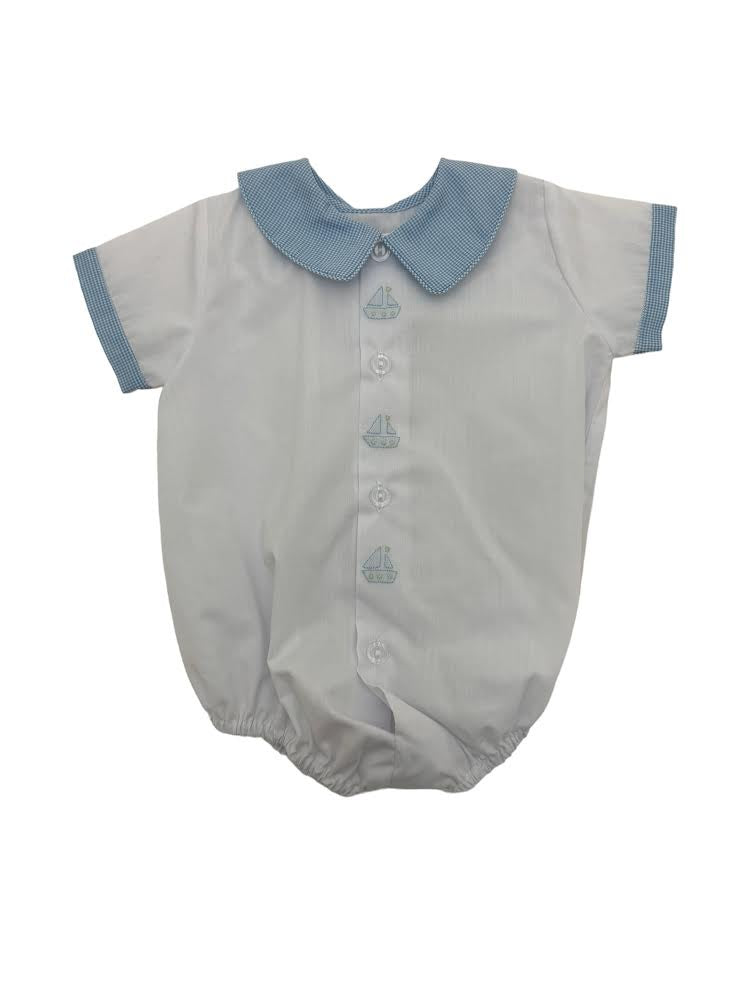 Auraluz Boy Bubble White W/Blue Micro check Collar & Sleeve Trim 7361 5103