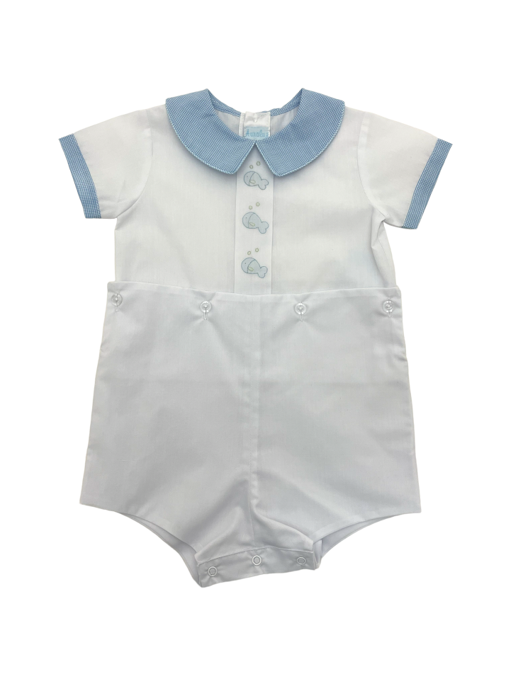 Auraluz Button on Boy Suit White /Blue Check Fish Shadow Emb 5030