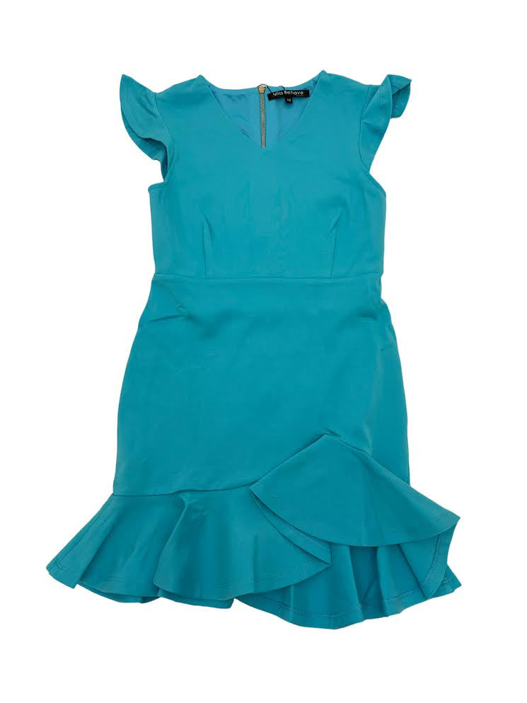 Miss Behave Girls Fiona V Neck Ruffle Dress Turquoise SD1218 5101