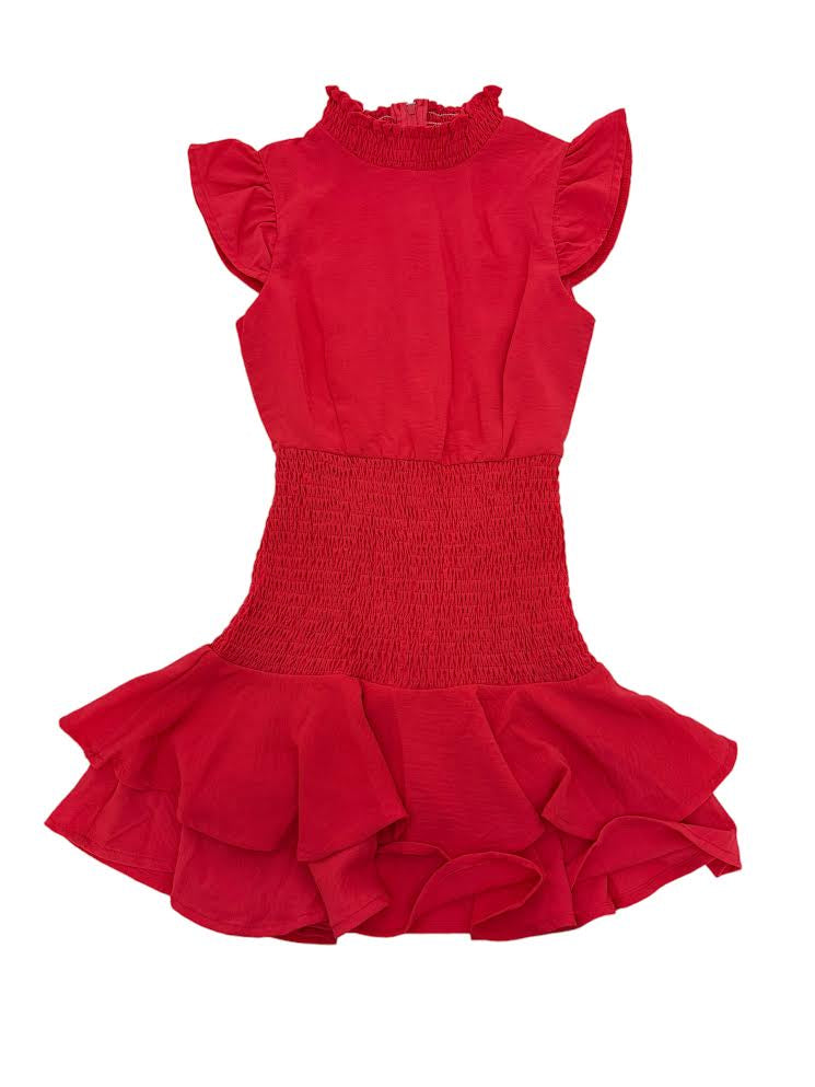 Miss Behave Girls Selena High Neck Smocked Ruffle Dress Coral SD1492CRL 5101