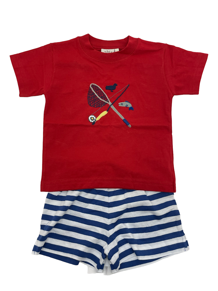 Luigi Boy's S/S T-Shirt Red W/Fish Net & Fly Rod W/Fish & Jersey Stripe Boys Shorts W/Slits Royal & White Stripe T001-12233/SH097S-322