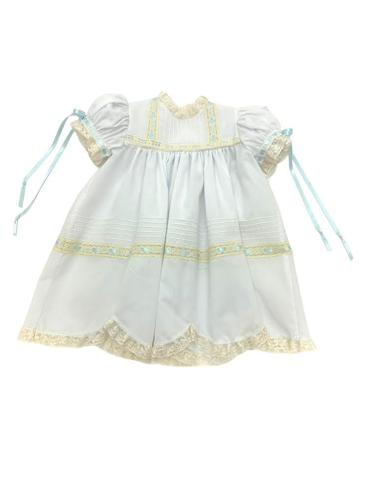 Treasured Memories White Dress Ecru Lace & Blue Ribbon -Ecru Lace Scalloped Hem S501 5101