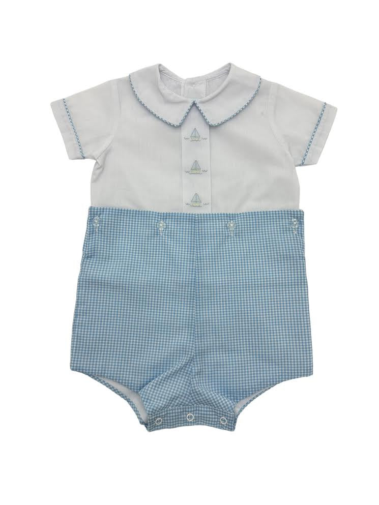 Auraluz Blue Check Button on Shorts W/Sailboat Shadow Emb 534 5101