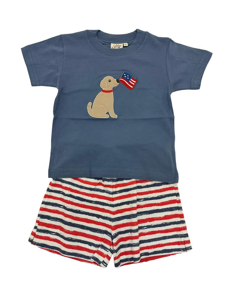 Luigi Boy S/S Shirt Lab Puppy W/Flag New Steel Blue & White/Red/Royal Stripe Shorts T001-M4184/ISH006P-1392 5101