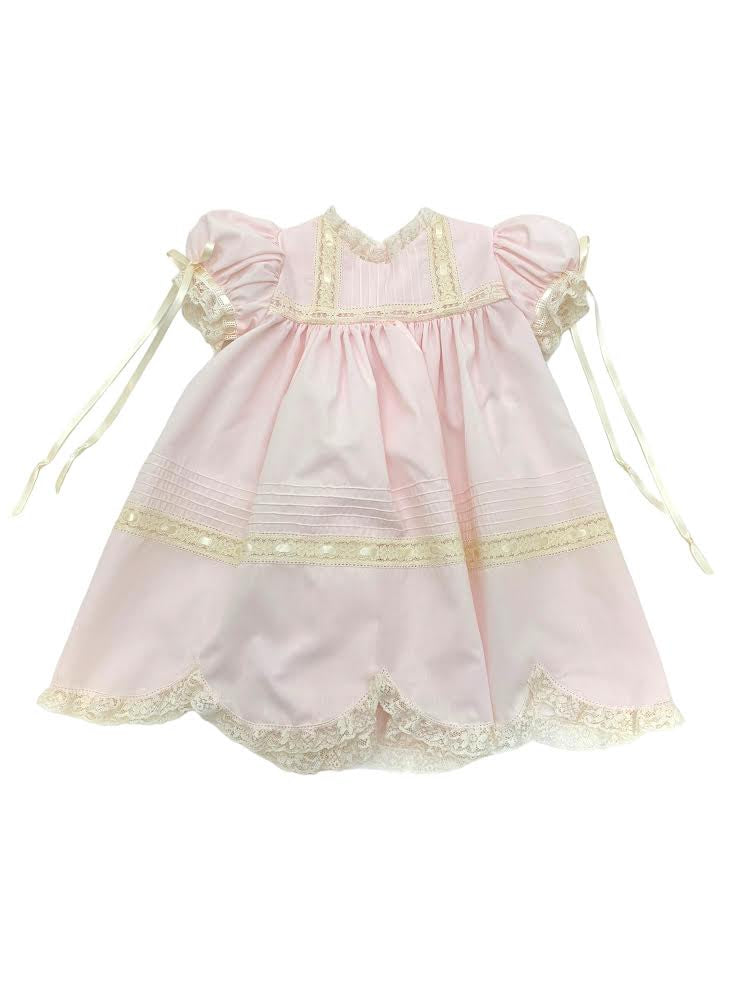 Treasured Memories Pink Dress W/Ecru Lace & Ribbon Ecru Lace Scalloped Hem S501 5101