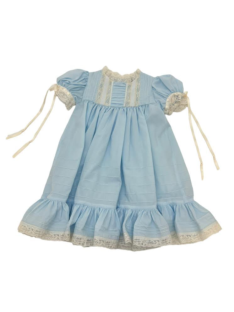 Treasured Memories Blue Dress W/Ecru Lace & Ribbon Puffing & Tucks S503 5102