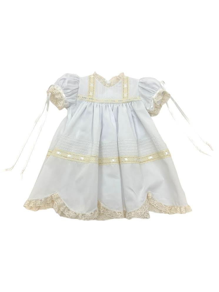 Treasured Memories White Dress W/Ecru Lace & Ribbon Scalloped Lace Hem S501 5101