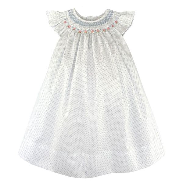 Petit Ami Dress/Bloomer W/Bishop Smocking White/Blue Rosettes & Pearls 3145/4145 5102