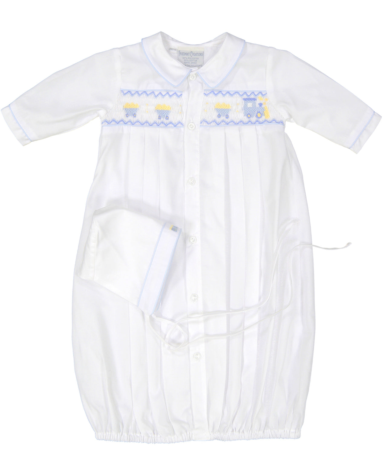 Feltman Brothers Train Smocked Gown & Hat White/Blue Preemie 1169P 5010