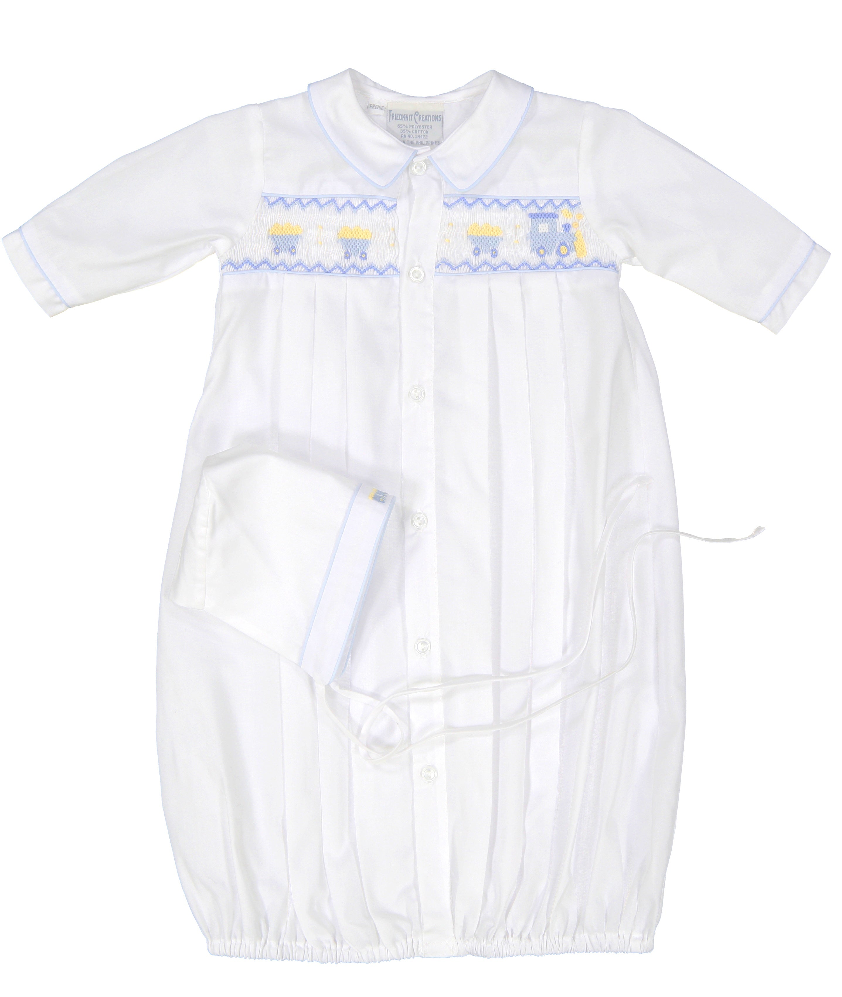 Feltman Brothers Train Smocked Gown & Hat White/Blue Preemie 1169P 5010