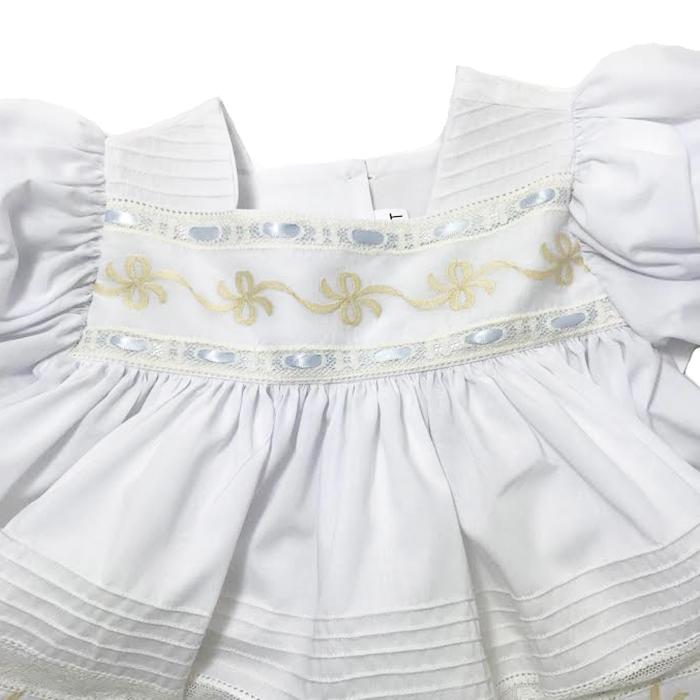 Treasured Memories White Dress w/ Ecru Lace, Ribbon Embroidery & Blue Ribbon S1802 WH/EC 5008