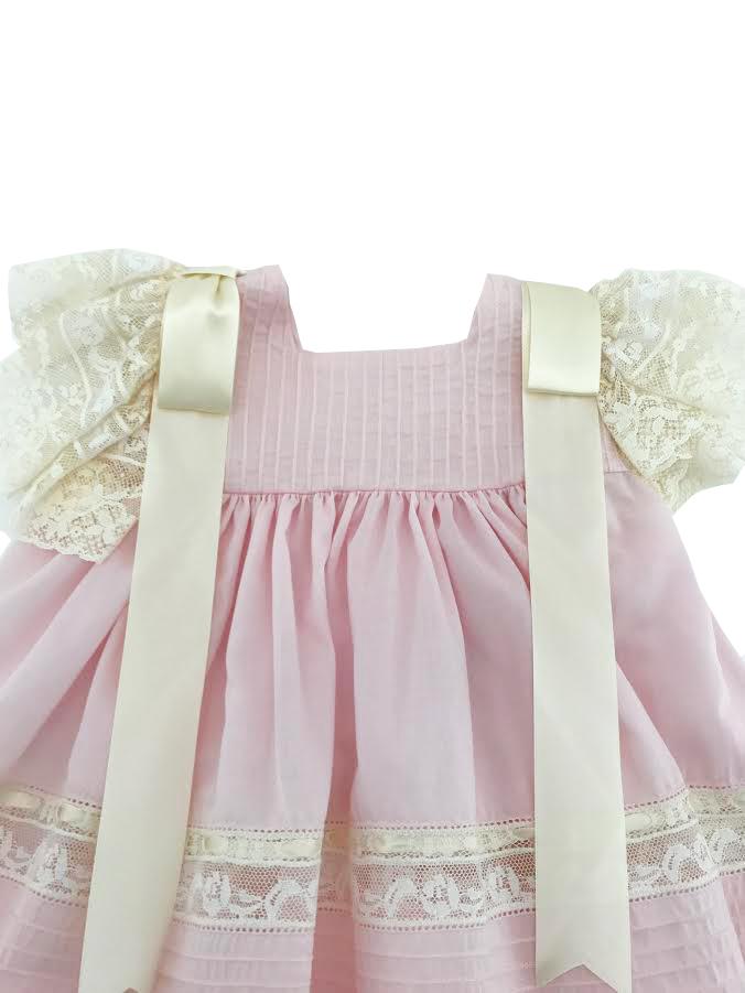 Treasured Memories Pink Dress w/ Ecru Lace & Large Ecru Satin Ribbon 1630 PINK/ECRU