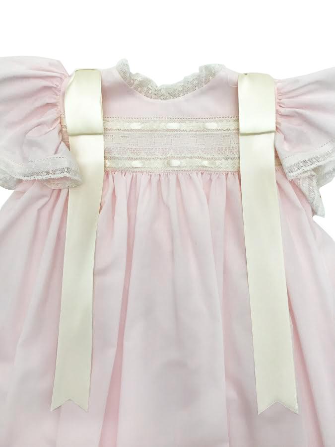 Treasured Memories Pink Angel Sleeve Dress w/ Ecru Lace & Ribbon 5008 S1823PK PK/EC